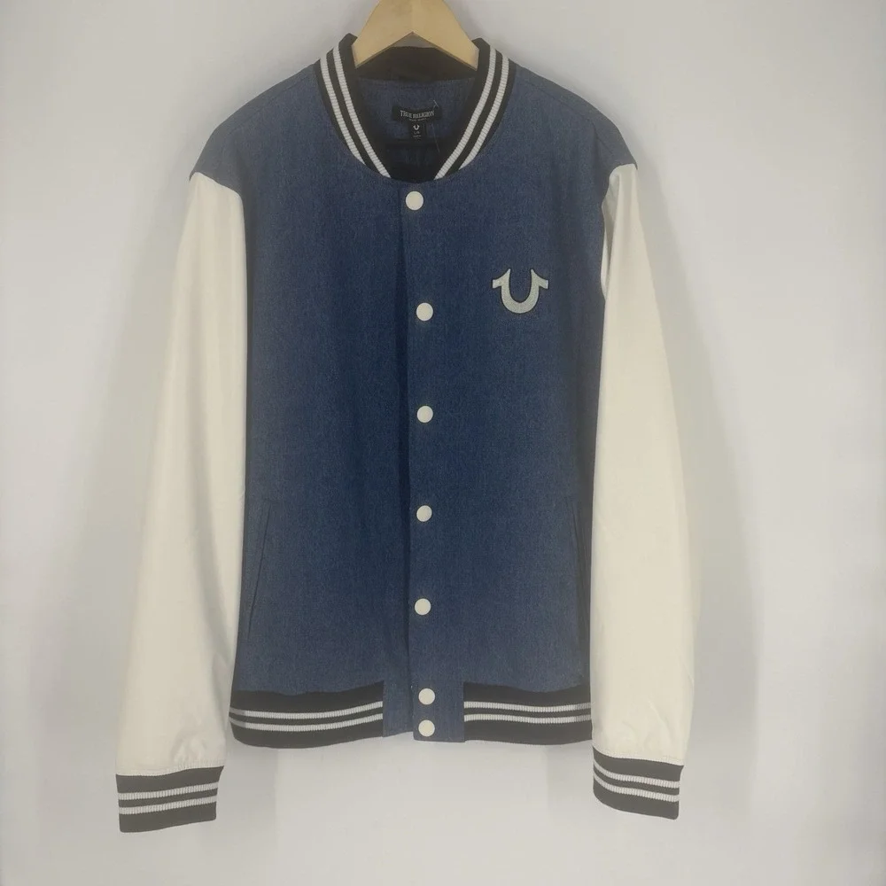 True Religion‎ Mens Quad Buddha Denim Varsity Jacket Size Large Streetwear